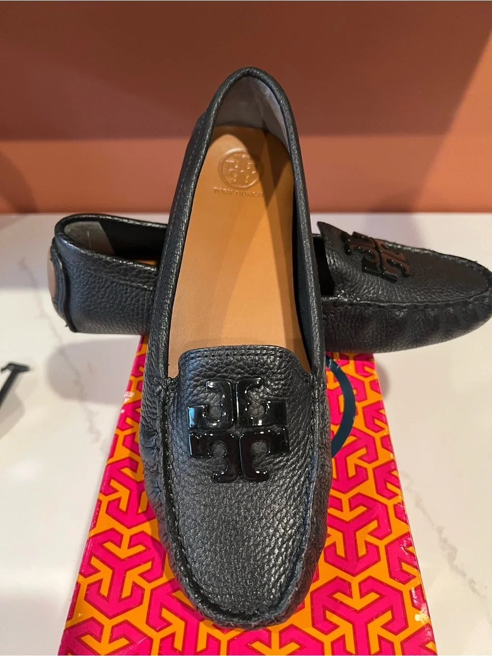 Tory Burch Black Pebbled Leather Logo Loafers